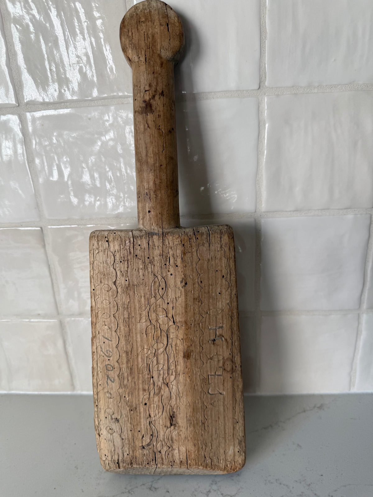 Antique Engraved French Laundry Paddle, 13"L x 4"W (1877 & 1902)