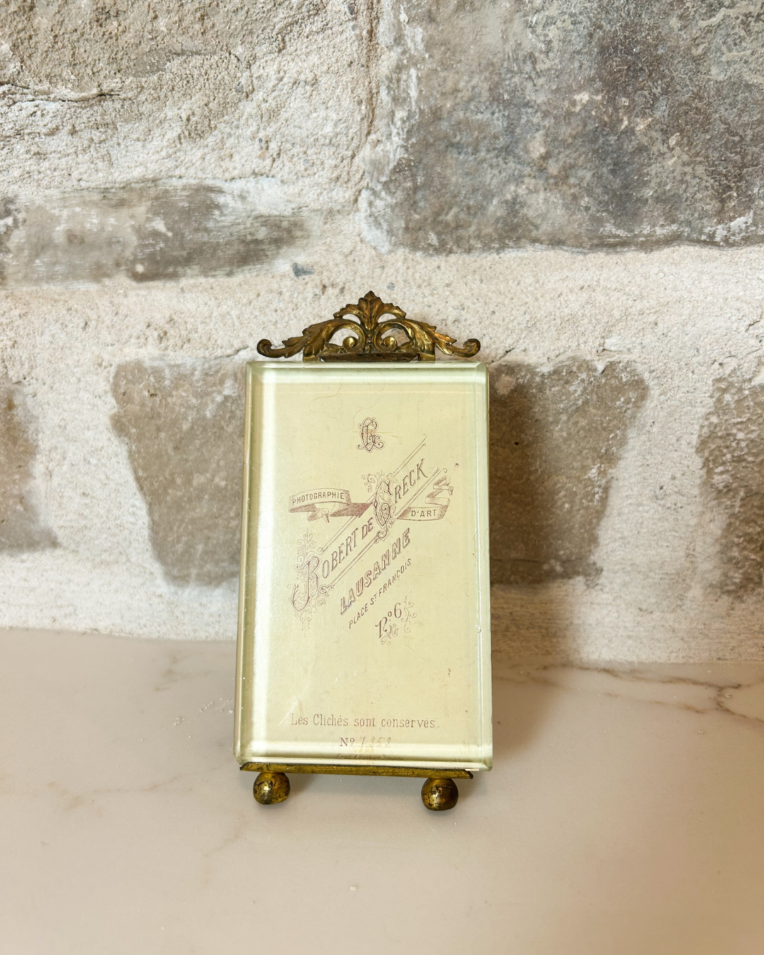 Antique French Brass and Glass Frame, 5 1/4” x 2 1/2”