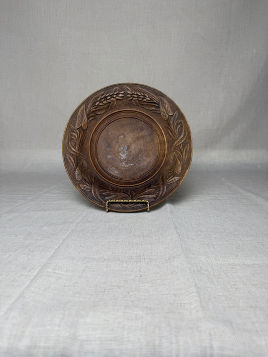 Antique European Black Forest Carved Wooden Plate (Wheat Motif), 9.5”