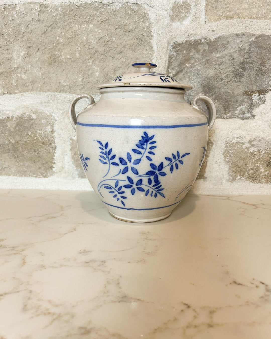 Antique French Blue and White Tolosane Pot w/ Lid