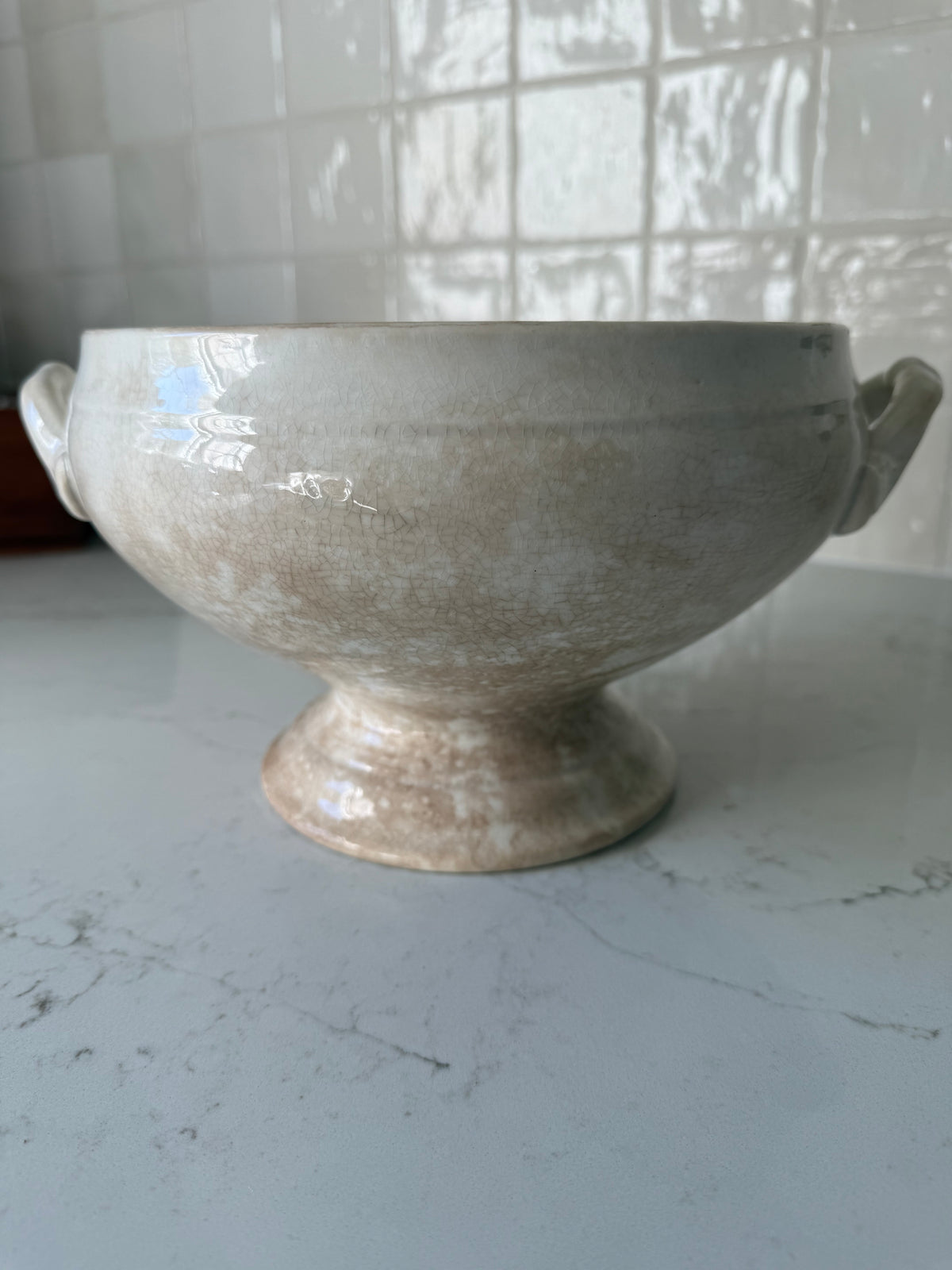 Antique French Heavily Stained Criel & Montereau Labrador Soupier, 6"H x 11 1/2"W handle to handle