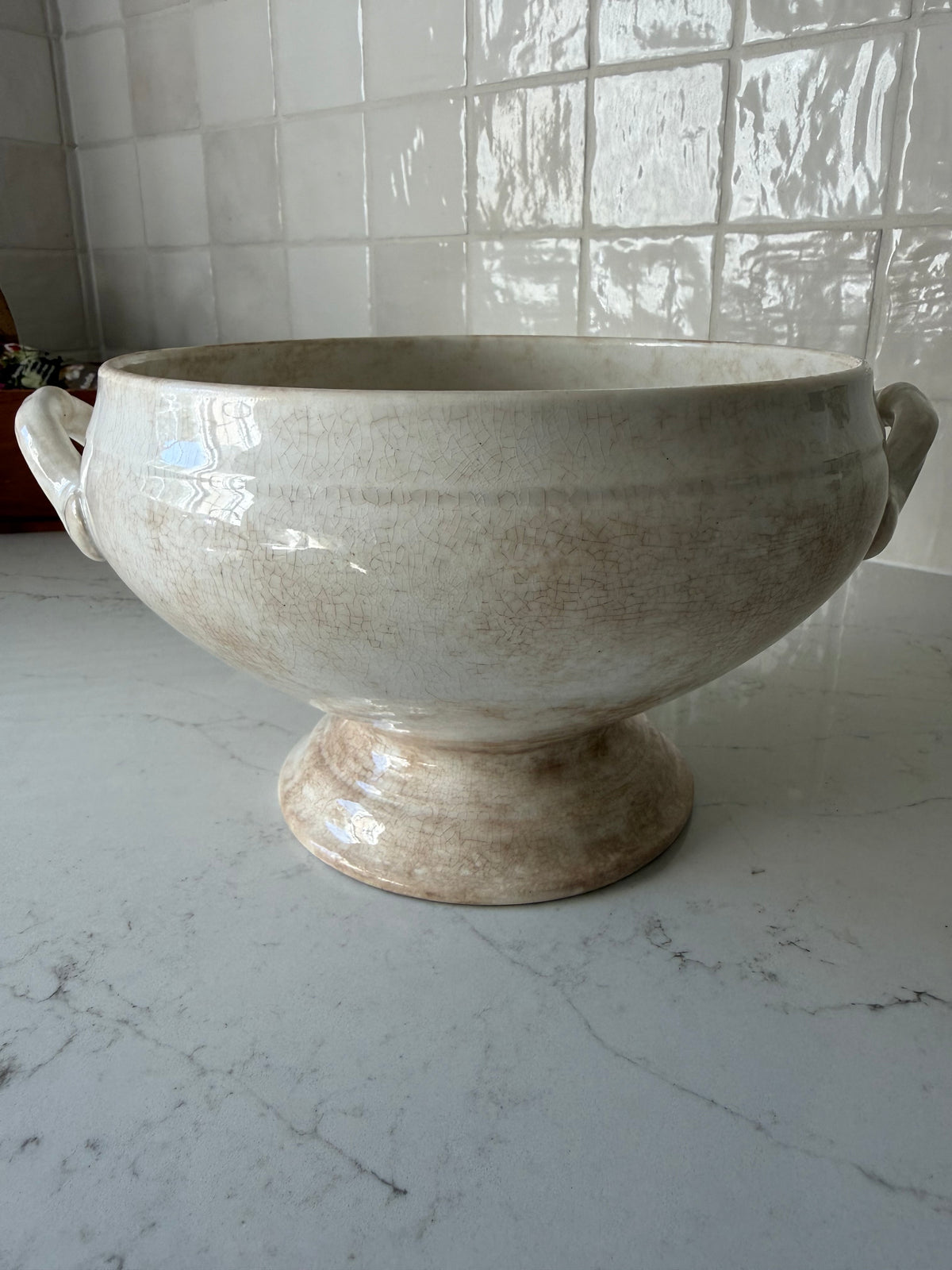 Antique French Heavily Stained Criel & Montereau Labrador Soupier, 6"H x 11 1/2"W handle to handle
