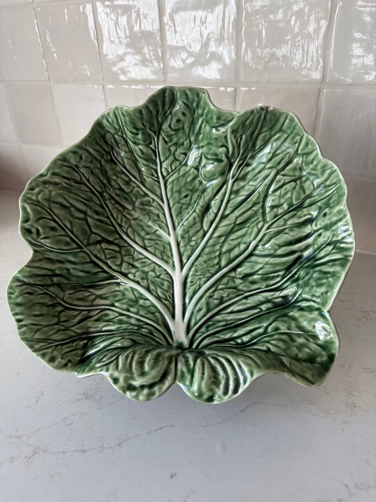 Vintage Bordallo Pinheiro, footed bowl, 10 1/4" across x 3"h (See photos for condition notes)