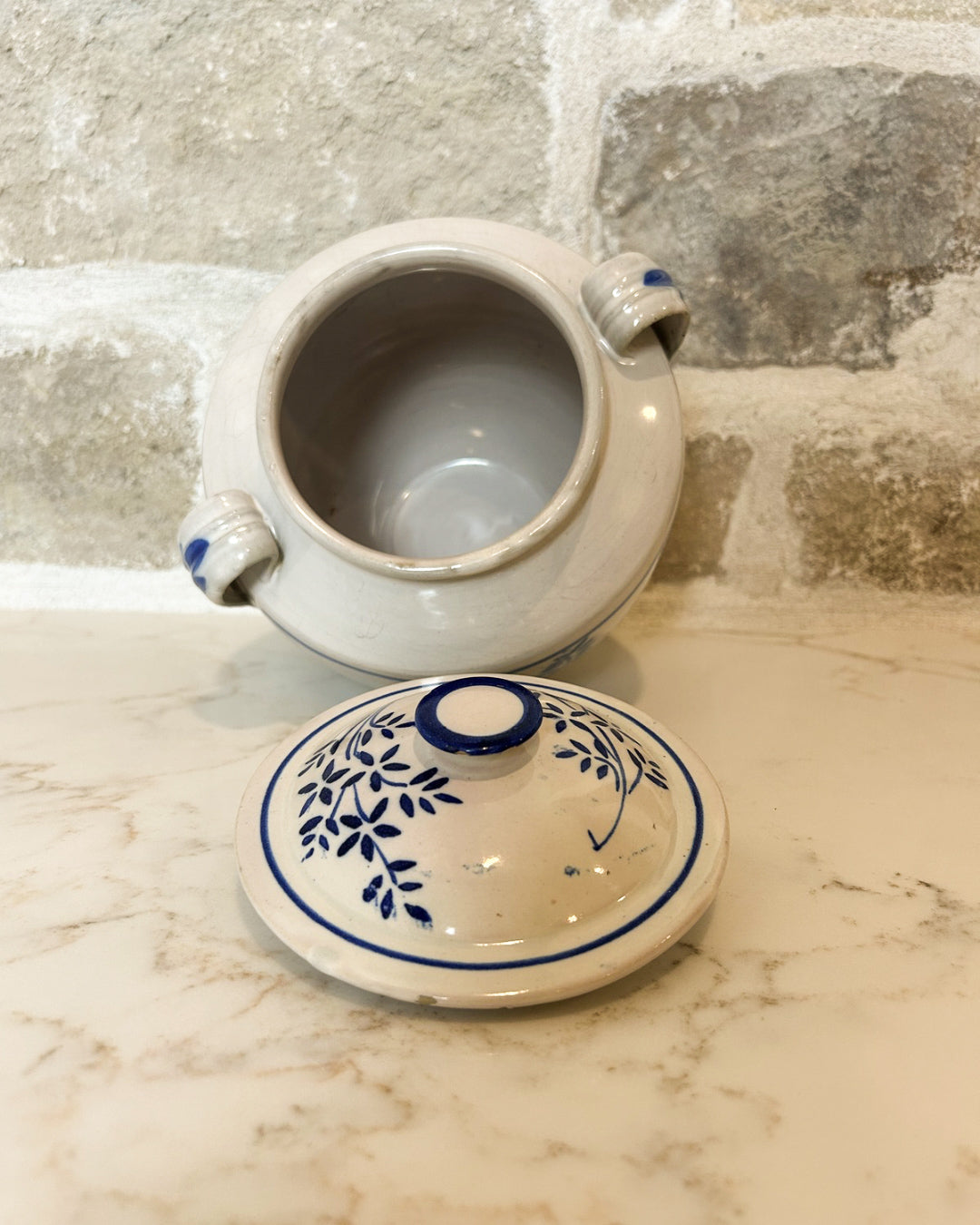 Antique French Blue and White Tolosane Pot w/ Lid