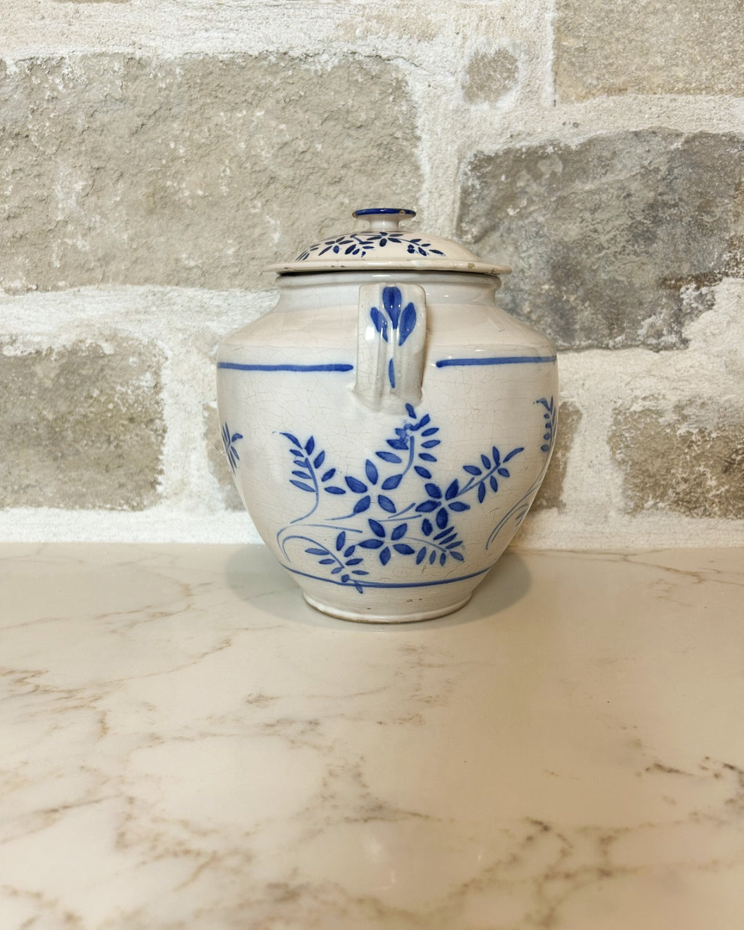Antique French Blue and White Tolosane Pot w/ Lid