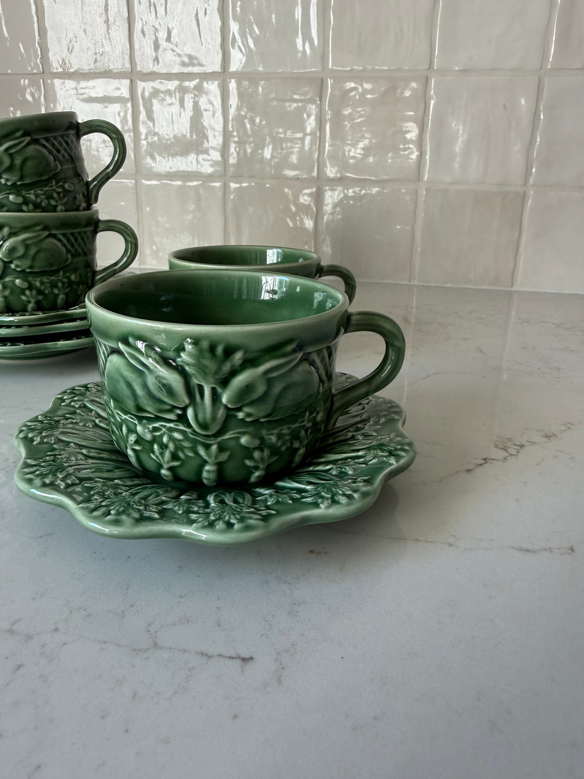 Vintage Bordallo Pinheiro, Bunny Cup & Saucers 2 1/2"H x 3 1/2"D & 4 1/2" edge to handle