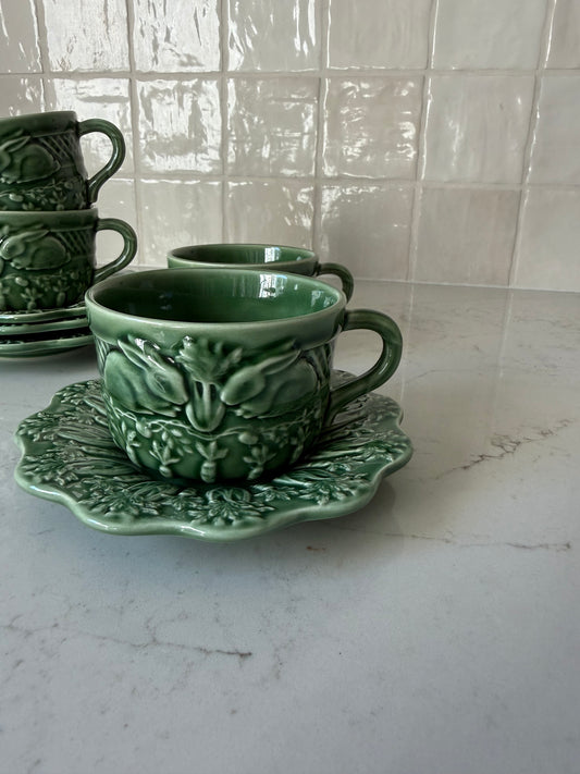 Vintage Bordallo Pinheiro, Bunny Cup & Saucers 2 1/2"H x 3 1/2"D & 4 1/2" edge to handle