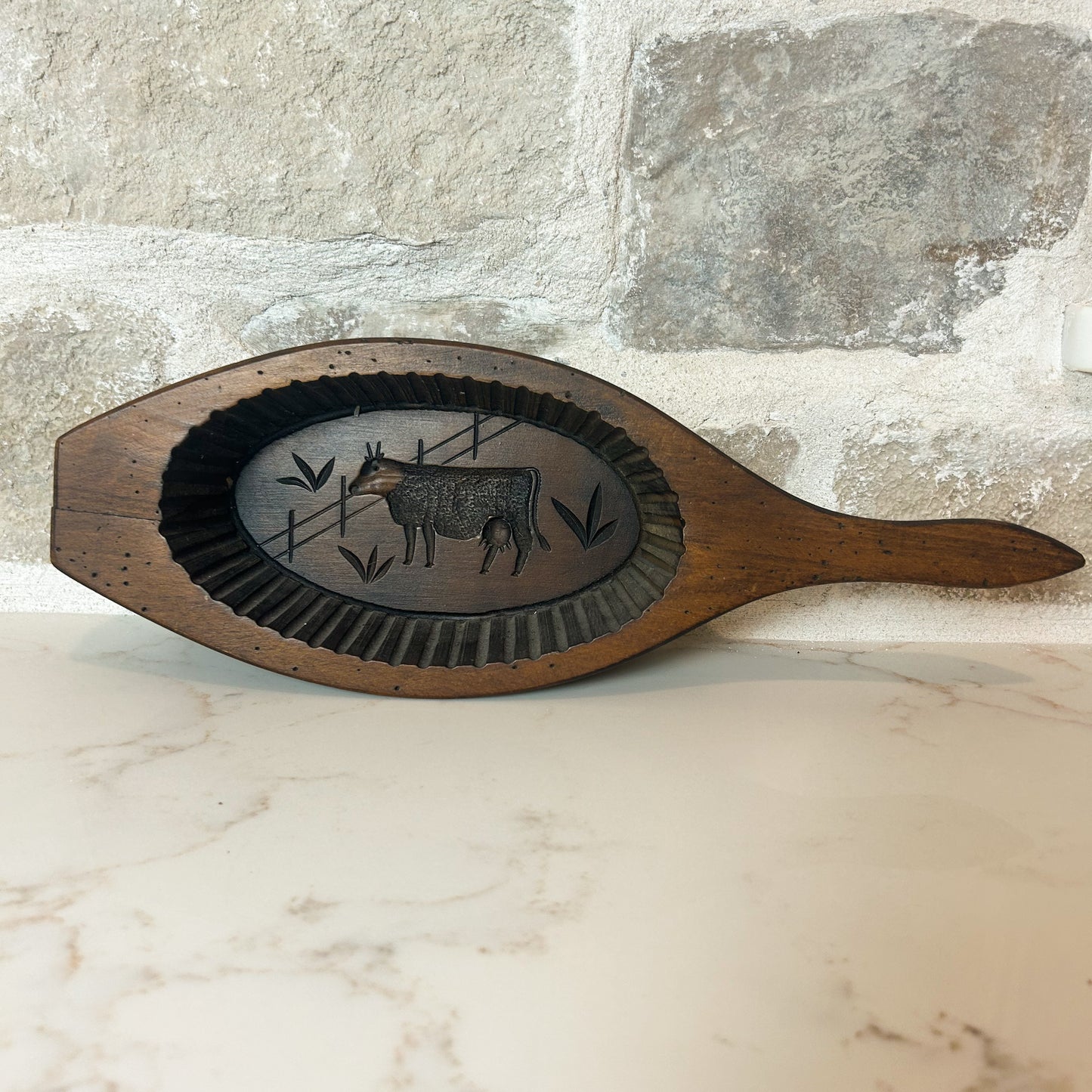 French Antique Butter Mold w/ Cow in a Pasture