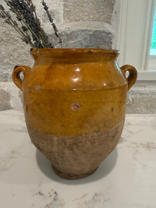 Antique French Confit Pot, Yellow Ocre Glaze, 9.5" H × 9.5" W | Sourced in L'isle sur la Sorgue