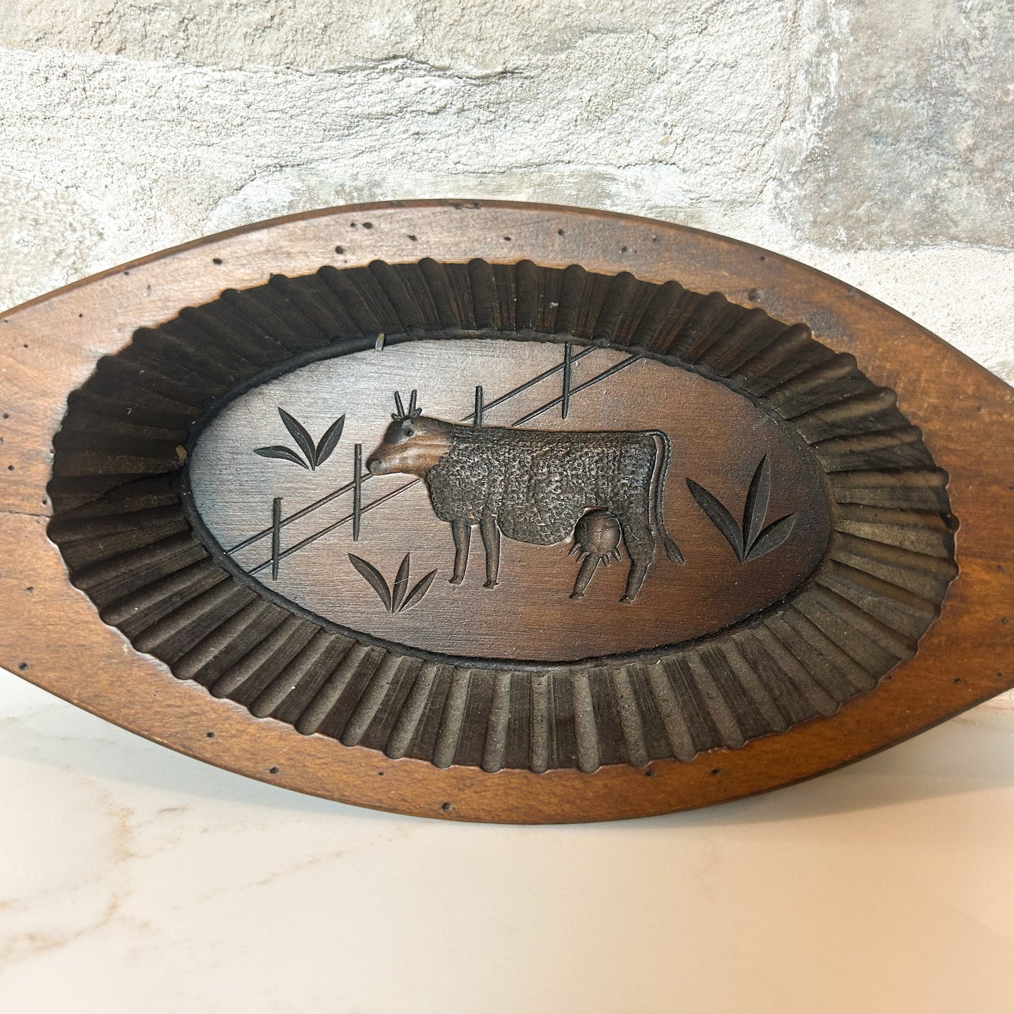French Antique Butter Mold w/ Cow in a Pasture