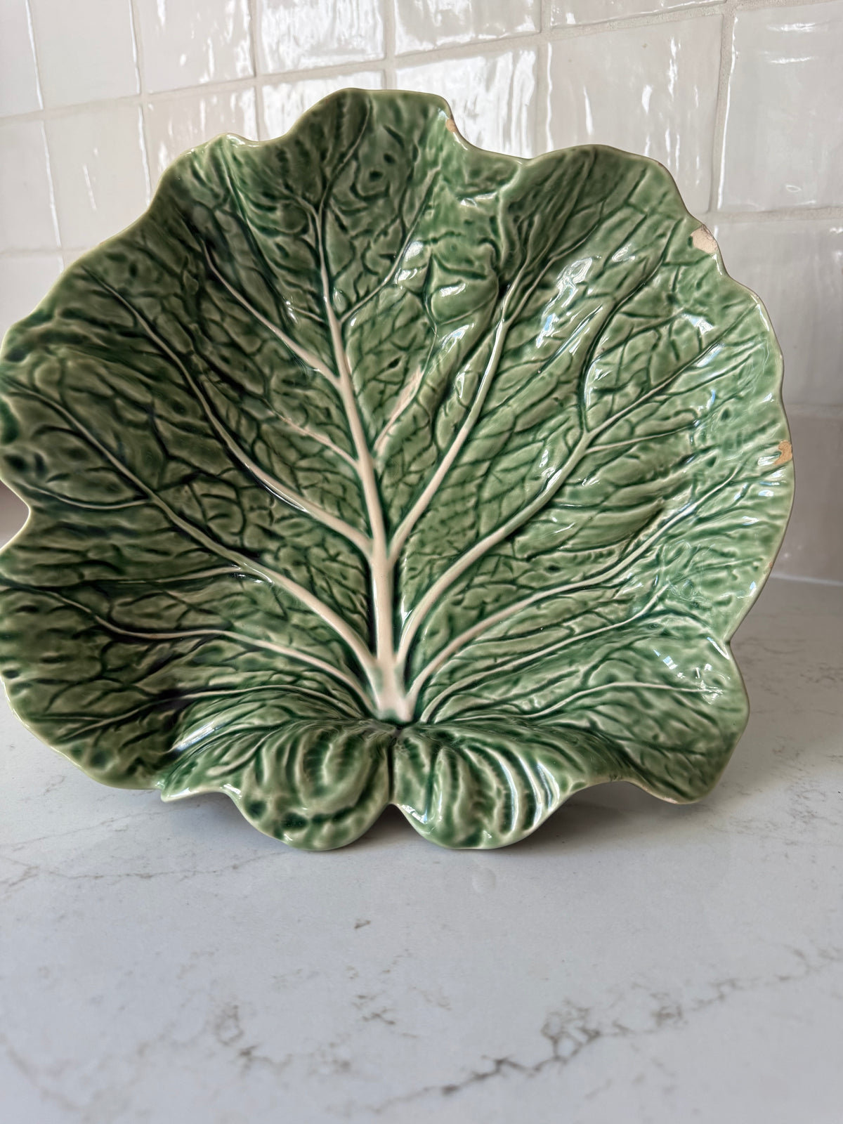 Vintage Bordallo Pinheiro, footed bowl, 10 1/4" across x 3"h (See photos for condition notes)
