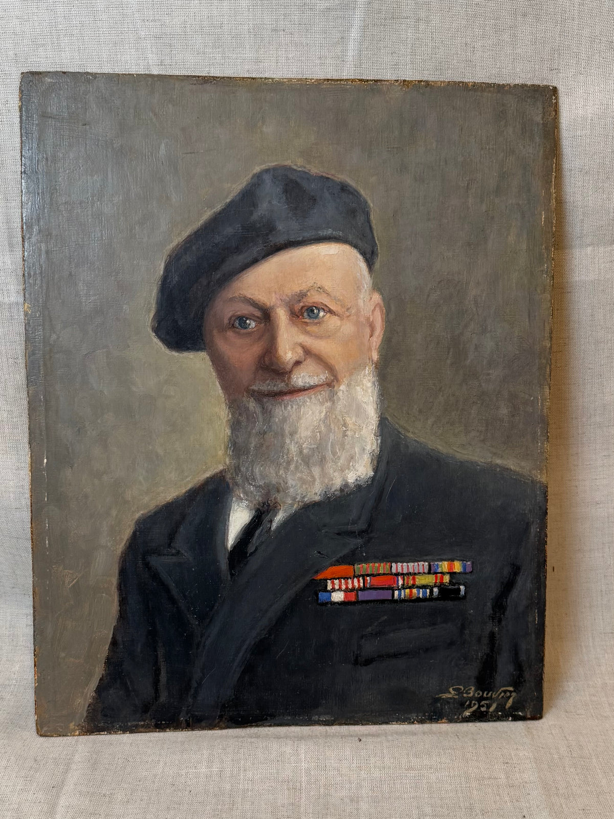 Vintage French Oil on Board, Elderly Blue-Eyed Soldier (1951)