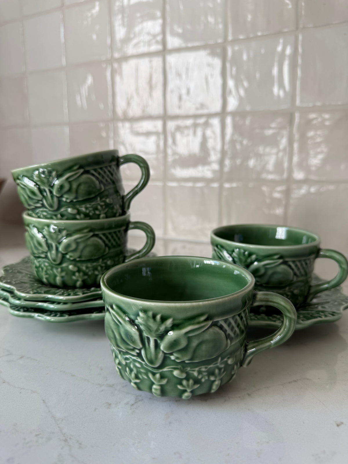 Vintage Bordallo Pinheiro, Bunny Cup & Saucers 2 1/2"H x 3 1/2"D & 4 1/2" edge to handle