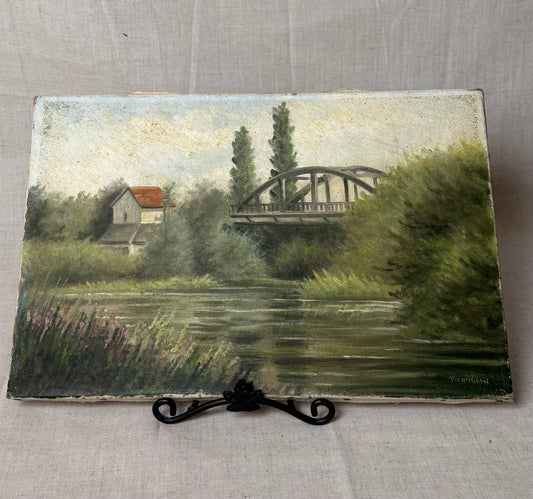 19th-Century French Oil on Canvas – Cypress Trees with Bridge and Provincial Red Roof House (ca. 1850–1900)