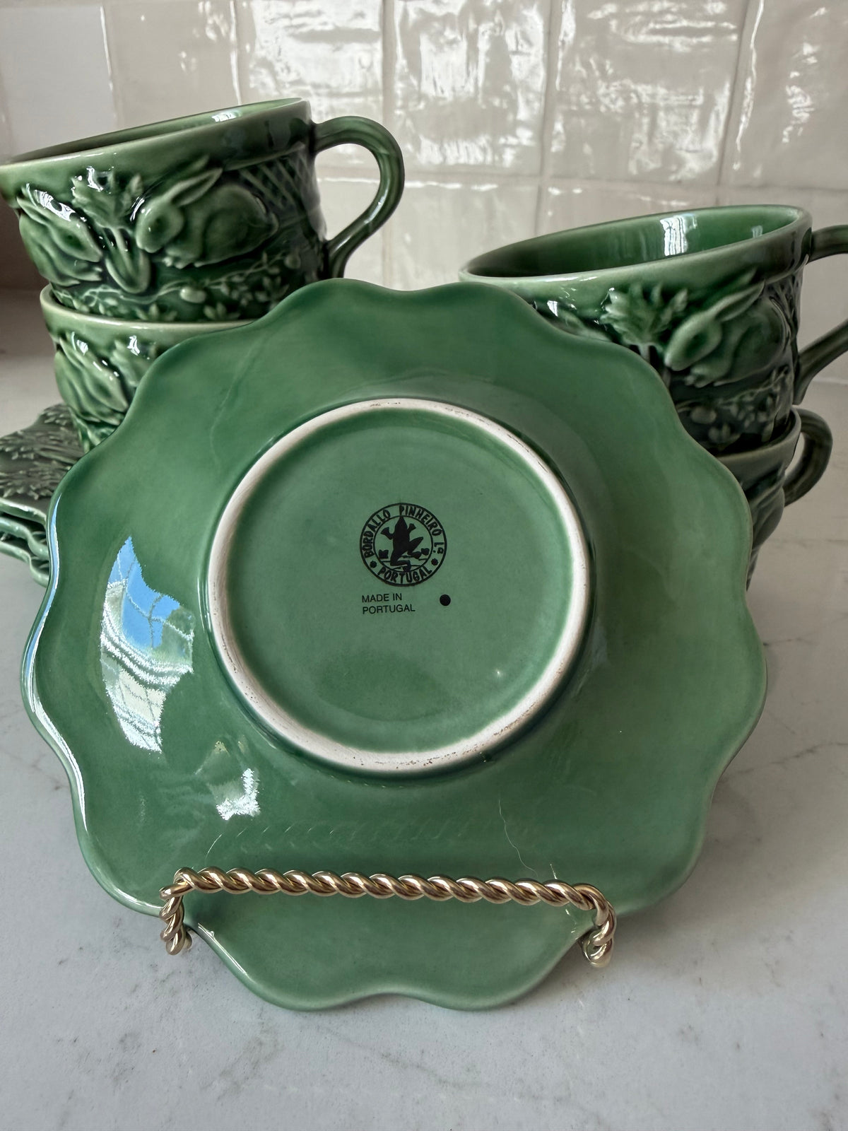 Vintage Bordallo Pinheiro, Bunny Cup & Saucers 2 1/2"H x 3 1/2"D & 4 1/2" edge to handle