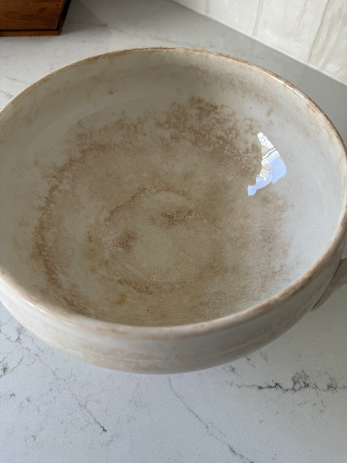 Antique French Heavily Stained Criel & Montereau Labrador Soupier, 6"H x 11 1/2"W handle to handle