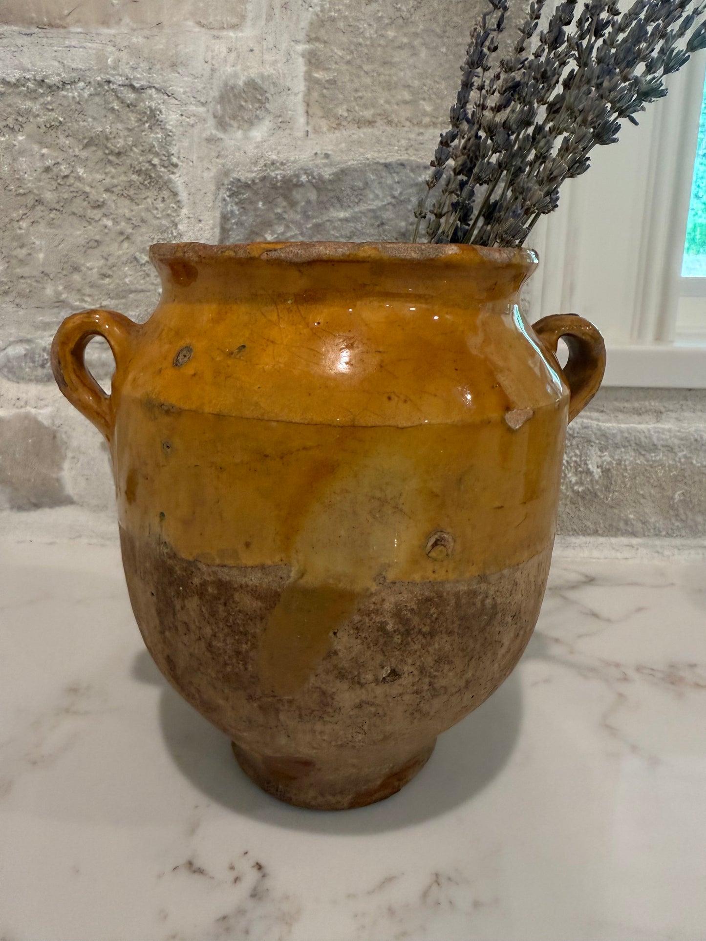 Antique French Confit Pot, Yellow Ocre Glaze, 9.5" H × 9.5" W | Sourced in L'isle sur la Sorgue