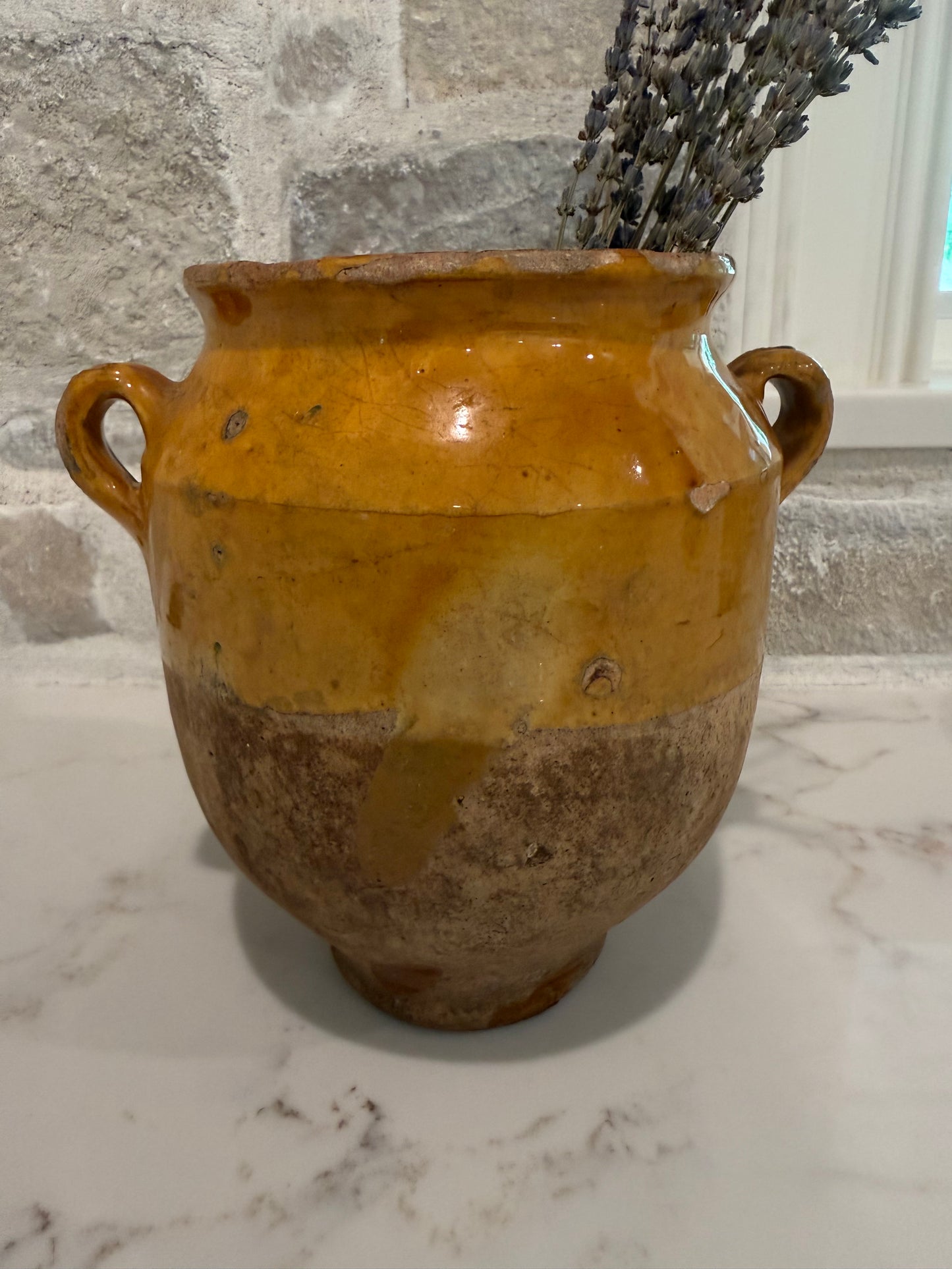 Antique French Confit Pot, Yellow Ocre Glaze, 9.5" H × 9.5" W | Sourced in L'isle sur la Sorgue